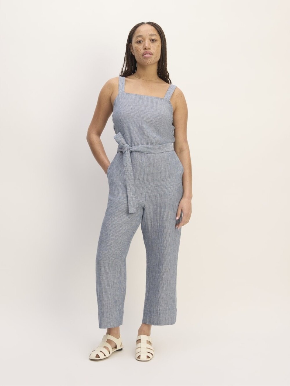Everlane blue white striped 100% linen side-button jumpsuit